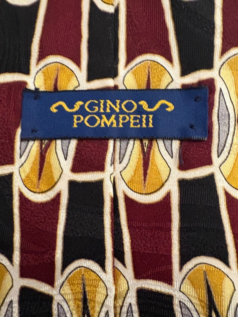 Gino Pompeii Vintage Geometric Silk Tie - Burgundy, Gold & Black Wide Blade